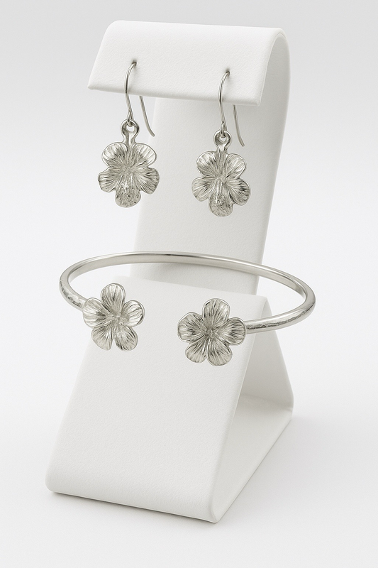 Silver Hibiscus Hook Bracelet & Studs Set